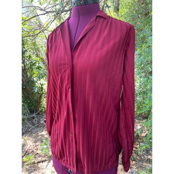 Vintage 1970s Womens Button Blouse Burgundy Red Striped - Picture 6 of 12
